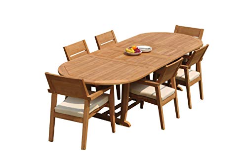 WholesaleTeak 7-Piece Grade-A Teak Wood Dining Set with Double Extension Oval Table and 6 Vellore Stacking Arm Chairs Teak
