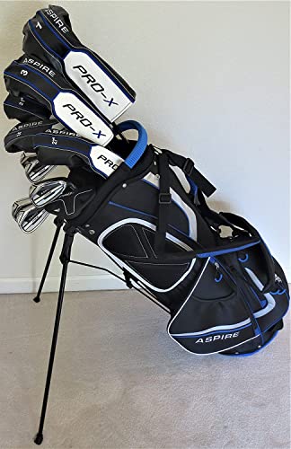 Power X Golf Mens Complete Golf Set - Custom Made Clubs for Tall Men 6'0"- 6'6" Ti Driver, 3 Wood, 3, 4, 5 Hybrids, Irons, Sand Wedge Putter, Stand Bag Regular Flex Blue/Black/White