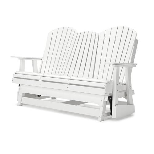 Benzara Sami 67 Inch Outdoor Adirondack Glider Loveseat with Dropdown Cupholders White