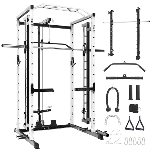 STMHOM Power Cage 1600 Lbs with Smithbar & LAT Pulldown White
