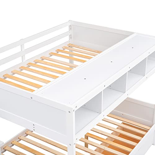 BOVZA Twin Over Full Bunk Bed with Storage Shelves and Staircase White
