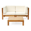 Great Deal Furniture Outdoor Sectional Loveseat Set with Coffee Table 2-Seater Acacia Wood Water-Resistant Cushions Teak Finish + Beige