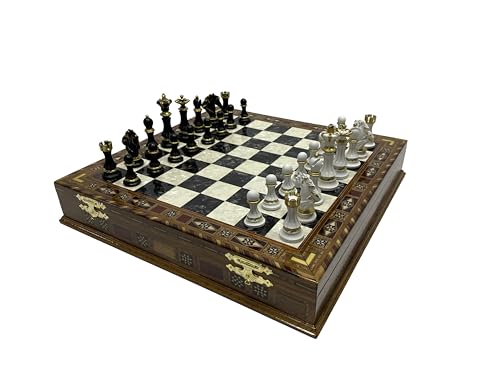 Antochia Crafts 16.5" Large Wooden Chess Set with Mosaic Details and Hand-Painted Pieces Black - Personalizable