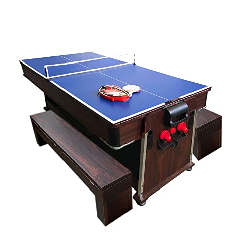 SIMBASHOPPING USA Pool Table 7FT Multigame Air Hockey + Table Tennis - Stark with Benches Green Brown