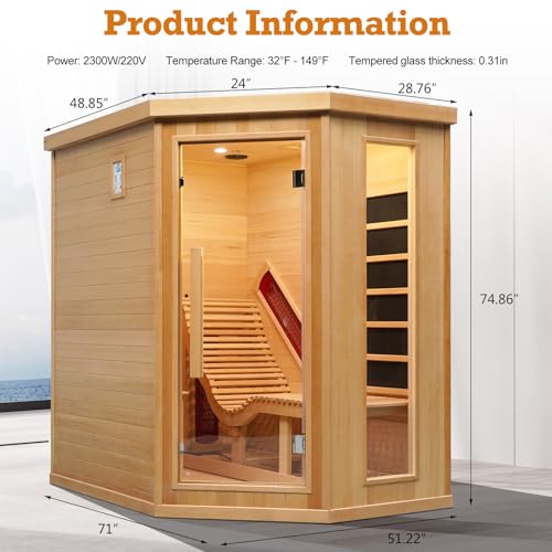 Amocane Infrared Hemlock Wooden Sauna Room with Recliner, Oxygen Bar, 1-2 Person, Left Sauna Room