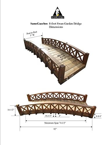 SamsGazebos Swan Wood Garden Bridge with Cross Halved Lattice Railings 8' Brown