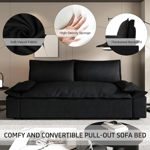 HomSof Queen Pull Out Sofa Bed 3-in-1 Convertible Velvet Loveseat Black