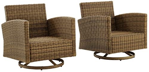 Crosley Furniture Bradenton 2-Piece Wicker Swivel Rocker Chair Set Brown with Sunbrella White Cushions