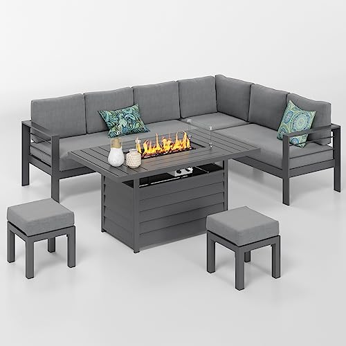 Solaste 6 Piece Aluminum Patio Furniture Set with Fire Pit Table and Ottoman Grey