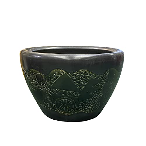 Orientliving Chinese Dark Gray Black Ceramic Motif Pattern Accent Pot Planter Black