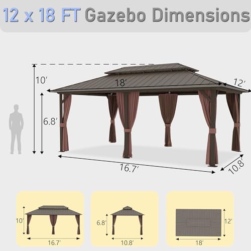 Yardsight 12'x18' Hardtop Gazebo Outdoor Aluminum Frame with Netting and Curtains