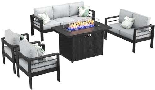 LayinSun Aluminum Furniture Set with Fire Pit Table, 5 Pieces Patio Sectional Chat Sofa Black
