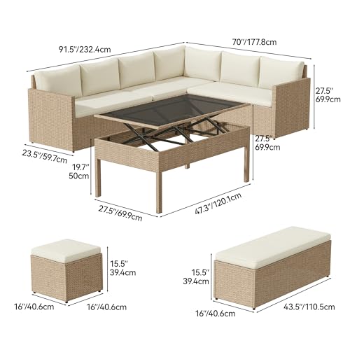 YITAHOME L-Shaped Patio Furniture Set All Weather Wicker Outdoor Sectional Sofa with Dining Table and Ottoman Light Brown Beige