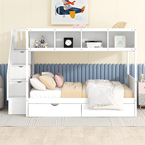 BOVZA Twin Over Full Bunk Bed with Storage Shelves and Staircase White