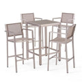 Noble House Cape Coral Outdoor 5 Piece Glass Top Aluminum Bar Set Grey