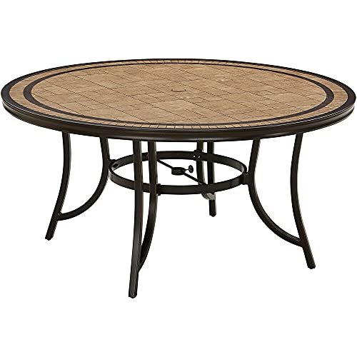 Hanover Monaco 7-Piece Outdoor Patio Dining Set with 6 Cushioned Swivel Rocker Chairs, 60" Round Table, Umbrella & Base, Tan
