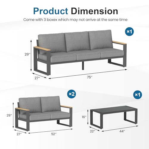 RoyalCraft Aluminum Outdoor Patio Furniture Set with Height-Adjustable Footrest, 7-Seats, Coffee Table, Modern Conversation Set Grey