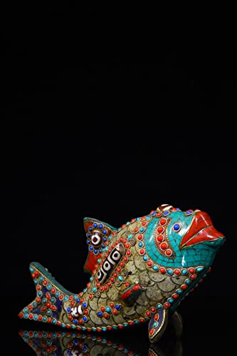 Generic 9" Tibetan Bronze Dzi Beads Carp Statue Ornament