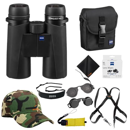 ZEISS 10x42 Conquest HD Binoculars Bundle Set for Bird Watching with Harness Strap, Camo Hat, Cleaning Cloth, Lens Wipes, and Floating Strap Black/Yellow