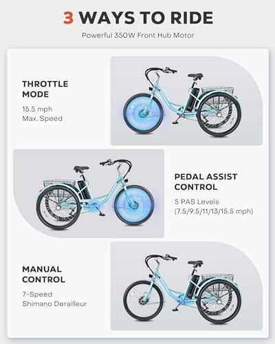 Viribus 26" Electric Tricycle for Adults, 7 Speed Electric Trike with 350W Motor UL Certified 36V 13Ah Battery, Aqua