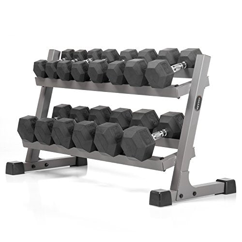 XMark Two Tier Heavy Duty Steel Dumbbell Rack Fully Loaded with 380 lbs Rubber Coated Hex Dumbbells