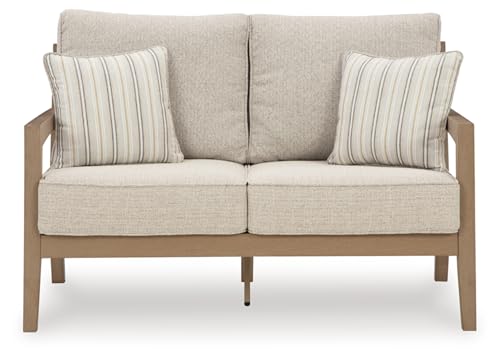 Signature Design by Ashley Hallow Creek Cottage Weather Resistant Outdoor Loveseat with Cushion and 2 Throw Pillows Light Brown & Beige