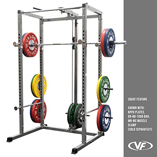 Valor Fitness Power Squat Rack with Lat Pull Attachment and Pull Up Bar Station Black