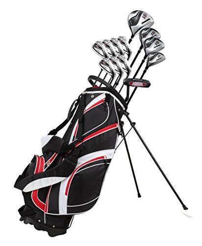 PRECISE Men's Golf Club Set Titanium Driver, Fairway Woods, Hybrid, Irons, Putter, Stand Bag, 4 H/C's Red