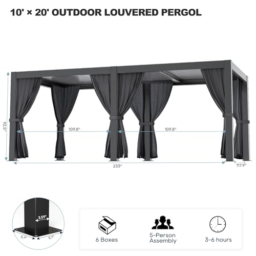 GS CHIER Outdoor Louvered Pergola 10' x 20' Black with Curtain