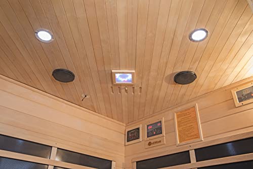 Heat Wave 3 Person Sauna Corner Fitting Infrared FIR FAR 7 Carbon Heaters Hemlock Wood MP3 Player 2 Speakers Color Therapy Light LED Control Panel Wood