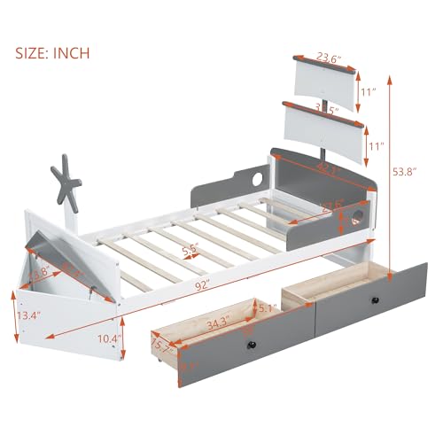 Bellemave Twin Size Kids Bed with Storage Drawers Boat-Shaped Grey