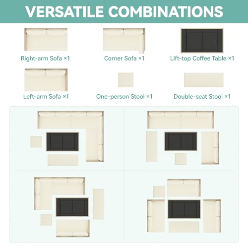 YITAHOME L-Shaped Patio Furniture Set All Weather Wicker Outdoor Sectional Sofa with Dining Table and Ottoman Light Brown Beige