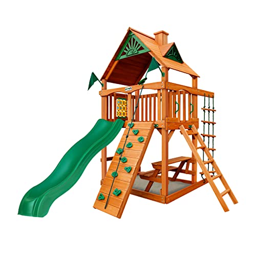 Gorilla Playsets Chateau Tower Wooden Playset with Slide & Climbing Wall Brown