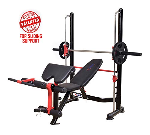 MiM USA Adjustable Olympic Weight Bench Press Set with Leg Extension, Preacher Curl, Squat Rack w/Smith Structure - Black Red