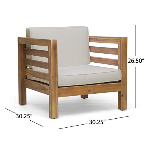 GDFStudio Louise Outdoor Acacia Wood Club Chairs with Cushions Set of 2 Teak Finish Beige