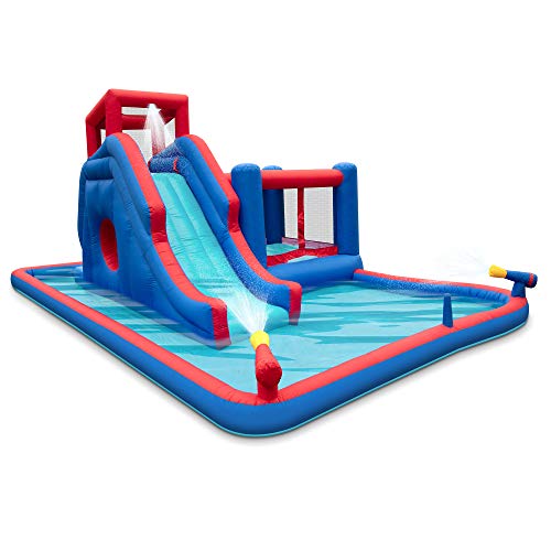 SUNNY & FUN 2-in-1 Inflatable Water Slide Park with Climbing Wall, Slide, Bouncer & Splash Pool Blue/Red
