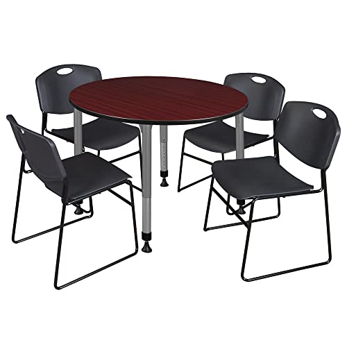 Romig 48 in. Round Adjustable Classroom Table Mahogany with 4 Zeng Stack Chairs Black