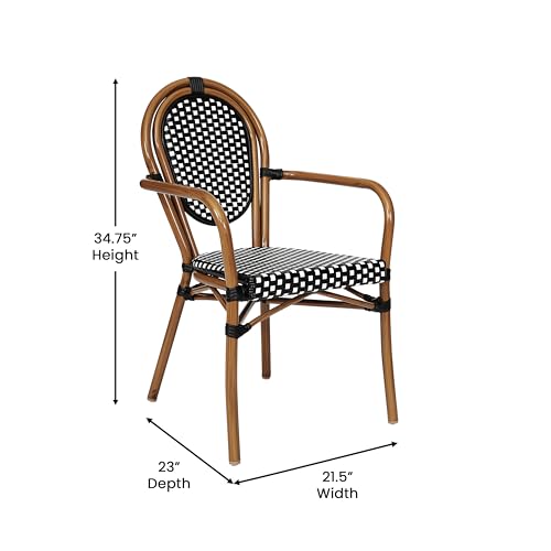 Flash Furniture Lourdes Indoor/Outdoor Commercial Bistro Set - Tempered Glass Top Table & 4 Chairs - Black & White Rattan/Natural Frame