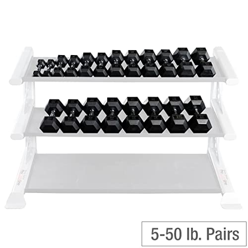 Fitness Factory Rubber Coat Hex Dumbbell Set 5-50 lb with Heavy Duty 2-Tier Storage Rack Black