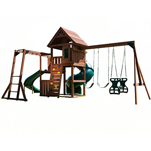 Swing-N-Slide Grandview Twist Play Set with Slides, Swings, Monkey Bars, Glider, Climbing Wall Green