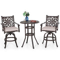 PHI VILLA Patio Furniture Set 3Pcs Cast Aluminum High Top Table & Swivel Bar Stools with Cushion Rero Brown-set
