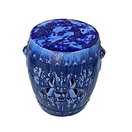 Orientliving Chinese Mixed Blue Round Lotus Clay Ceramic Garden Stool Table Blue