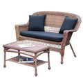 Jeco Wicker Patio Love Seat and Coffee Table Set with Black Cushion Honey