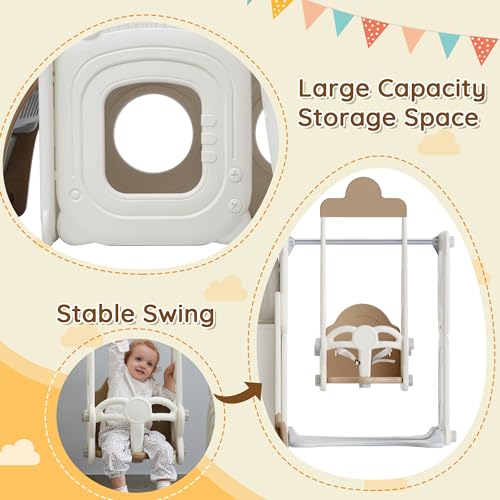 CUAUC 5-in-1 Toddler Slide and Swing Set with Drawing Whiteboard Coffee