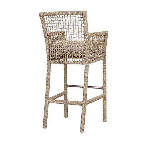 Benzara 31 Inch Outdoor Bar Stool Chair, Rope Woven, Ivory Olefin Fabric Seat, Brown