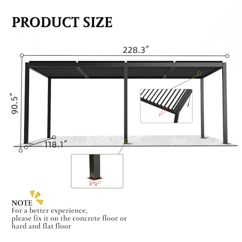 Kaimei Aluminum Pergola with Tilting Steel Louvers 10x19FT Outdoor Patio Cover Black