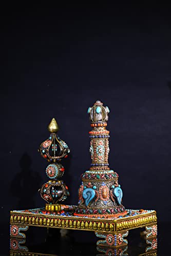 Generic Tibetan Silver Gilt Mosaic Gem Dzi Beads Vajra Rattle Bell Set 17