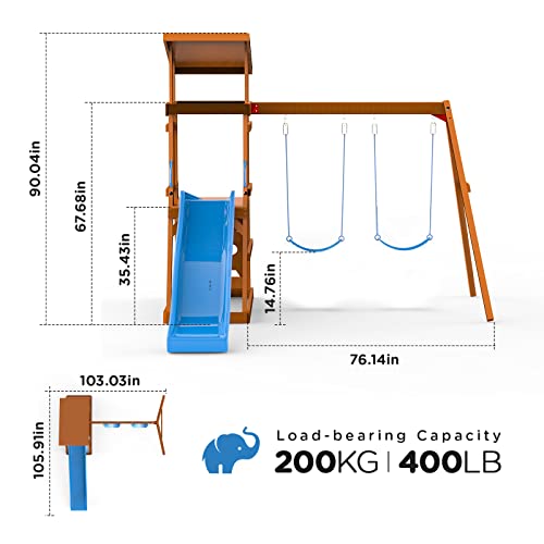DOLPHIN PLAYGROUND T Wooden Swing Set with Slide & Climbing Wall for Kids Ages 3-9