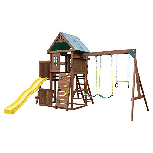 Swing-N-Slide Chesapeake Wood Play Set with Swings, Slide, Monkey Bars, Climbing Wall, Picnic Table, Brown