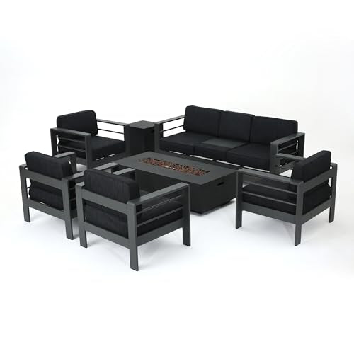 Christopher Knight Home Cape Coral Outdoor Aluminum 7 Piece Conversation Set with Fire Table Dark Gray + Gray
